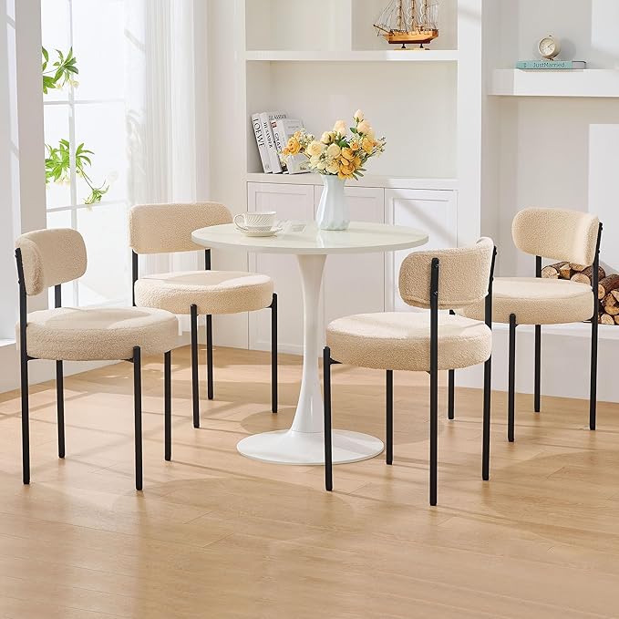 Dining Chairs Set of 4, Beige Boucle Dining Chair, Curved Backrest Upholstered Dining Room Chairs with Black Metal Legs, Mid Century Modern Dining Chairs for Kitchen, Living Room, Beige