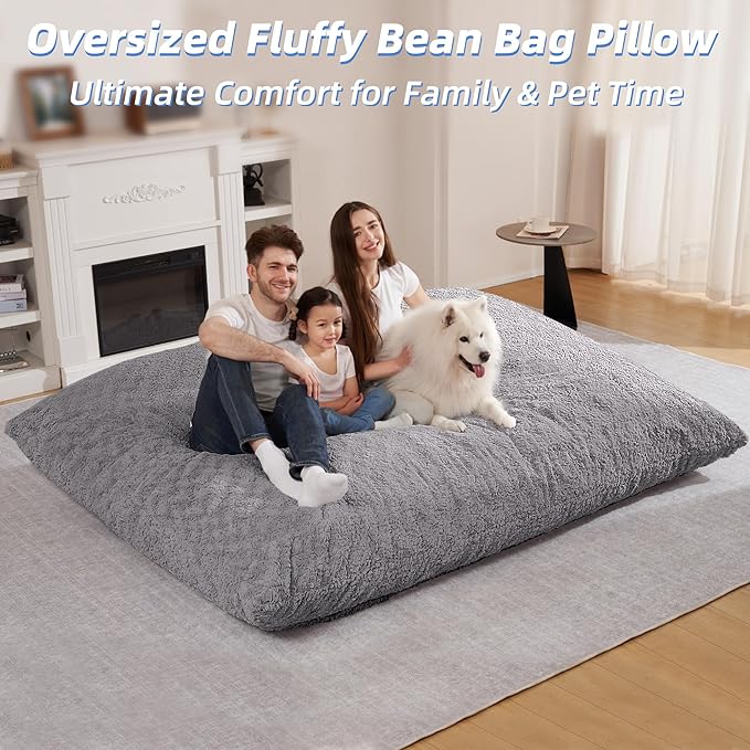 HABUTWAY 4 in 1 Bean Bag Chair, Giant Memory Foam Filling Bean Bag Sofa, Adult Bean Bag Chair, Machine Washable Faux Fur Cover, Bean Bag for Adult (Light Grey)