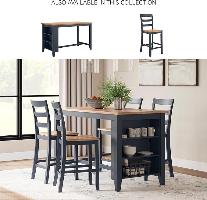 Signature Design by Ashley Gesthaven Modern Counter Height Dining Table with 3 Shelves and Trestle Base, Light Brown & Blue