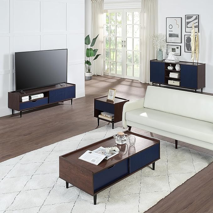 Manhattan Comfort Duane Mid Century Modern Ribbed Nightstand and Coffee Table with Storage, Living Room Furniture with Cabinet, Shelves and Iron Metal Feet, Set of 2, Navy Blue