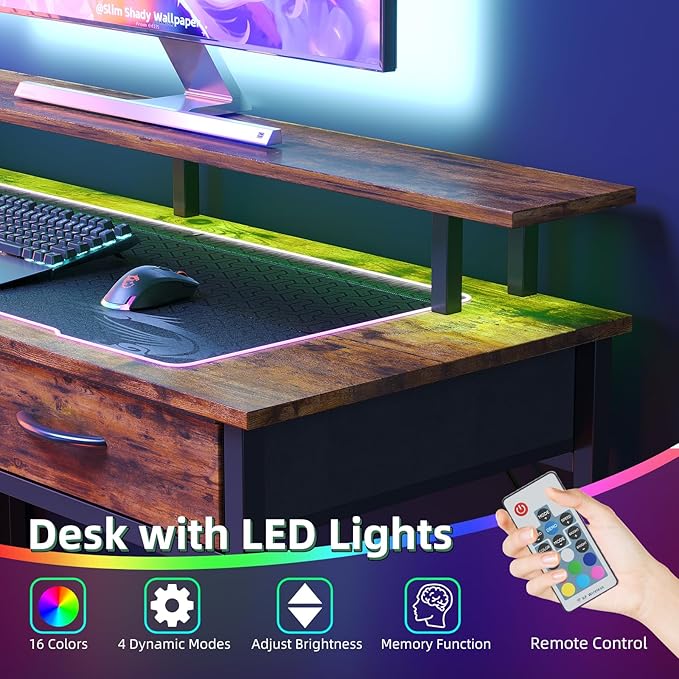 Computer Desk with 5 Drawers, Gaming Desk with LED Lights Power Outlets and Type-C, 47 Inch Office Desk with Storage, Monitor Stand, Writing Desk Work Table for Home Office, Small Spaces, Rustic Brown