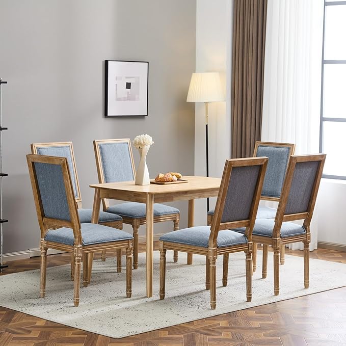 Merax Upholstered Solid Wood Dining Chairs Set of 6, French Country Style Accent Side Seating Furniture for Kitchen, Living Room, Cushioned Back, Slate Blue