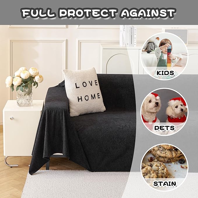 MYSKY HOME Black Couch Covers for Sectional Sofa, Couch Covers for Dogs Washable Couch Cover Blanket, Non Slip Sofa Slipcovers, Super Soft Sofa Towel for Kids, Pets, 91" x 134"