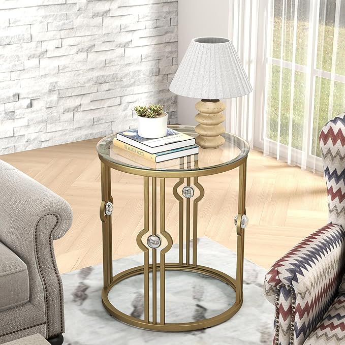 OIOG Glass Side Table Set of 2, Living Room End Table with Tempered Glass & Metal Frame, Gold Side Table for Bedroom Office, 2 PC