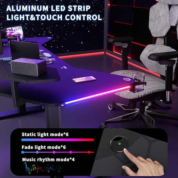 JWX Dual Motor Standing Gaming Desk with Aluminum Alloy Led Lights, 72'' Wing Shaped Large Gaming Studio Music Desk with Slot Design Shelves, for Streamer, Social Media Influencer & Music Recording