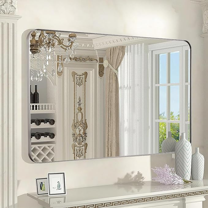 24x36 Inch Silver Bathroom Mirror for Wall, Metal Framed Rectangle Mirror with Rounded Corner, Bathroom Vanity Mirror in Aluminum Alloy, Hangs Horizontally or Vertically