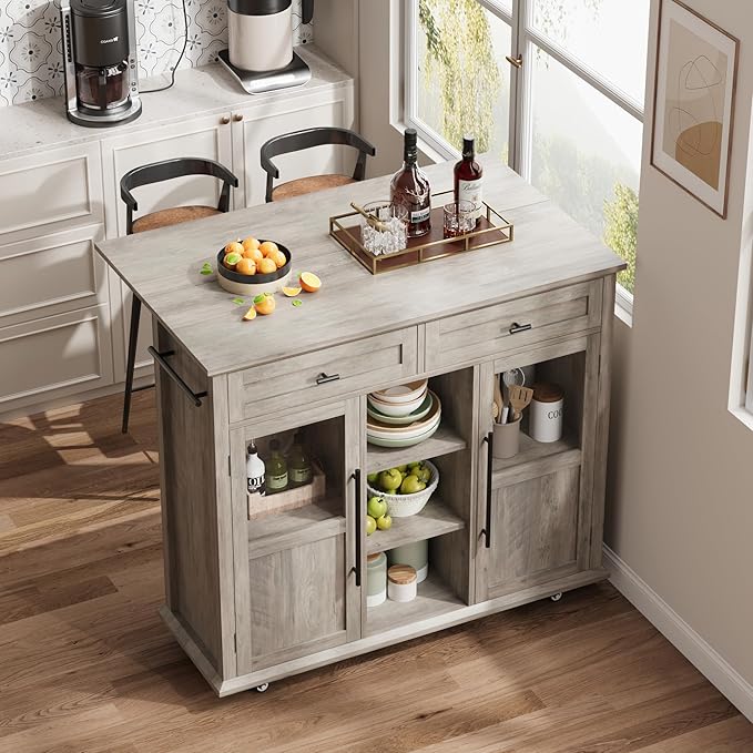 Mobile Modern Storage Island,Rolling Kitchen Island with Drop Leaf - Door Cabinet, Drawer, Bar Cart with Cabinet, Portable Cart Island Table for Kitchen,Grey