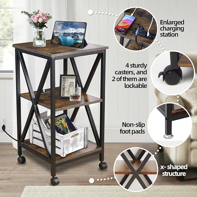 Square End Table with Charging Station, 3-Tier End Table Living Room, 16" D X 16" W X 28" H, Wood and Metal Table with USB Ports and Outlets, Side Table with Wheels for Living Room, Bedroom, Kitchen