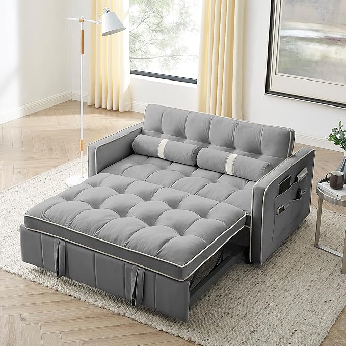 ERYE 3 in 1 Tufted Sleeper Sofa Bed with Cylindrical Pillows,Modern Convertible Loveseat Sofá W Pull Out Sleep Couch Bed and Side Pockets,Velvet Upholstered Love Seat Sofabed for Living Room