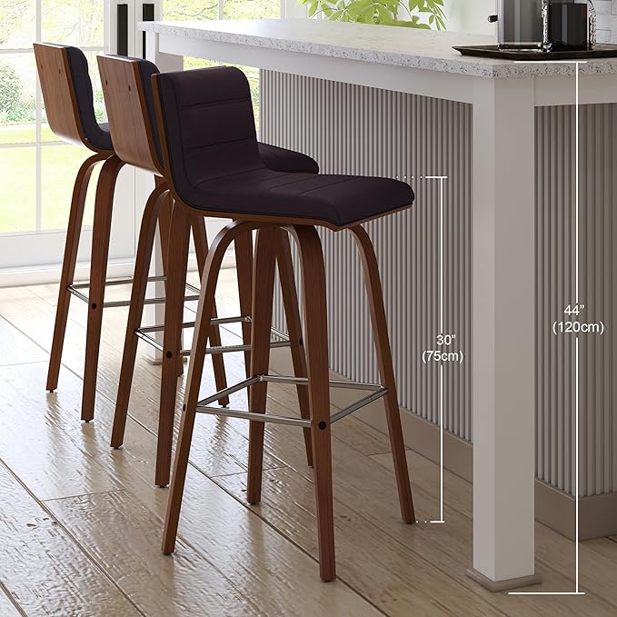 Vienna 30" Swivel Bar Stool in Walnut Wood Finish with Brown Faux Leather - Set of 2