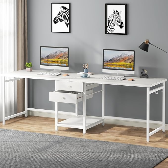 Tribesigns 79 Inch Extra Long Desk, Double Desk with 2 Drawers, Two Person Desk Long Computer Desk with Storage Shelves, Writing Table Study Desk for Home Office, White