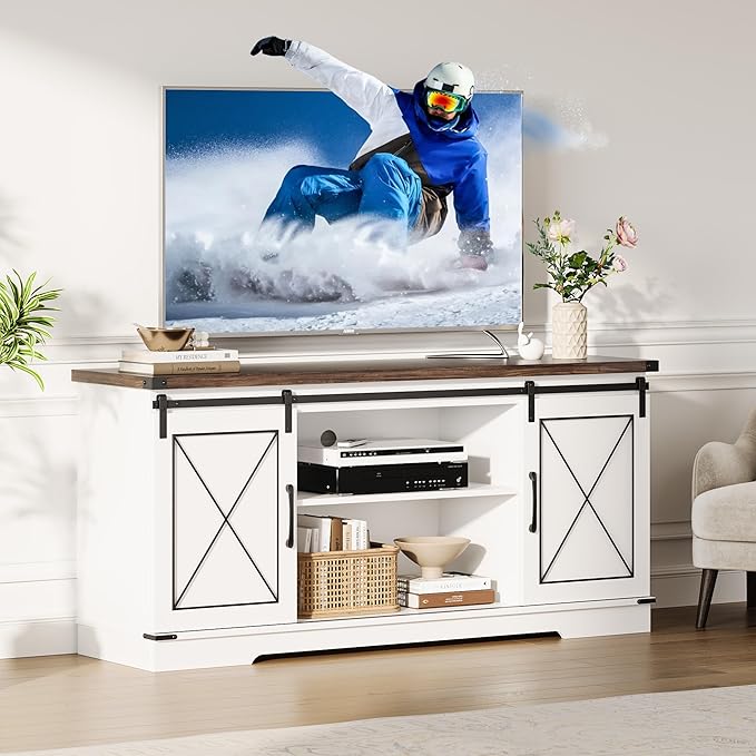 IDEALHOUSE Farmhouse TV Stand and Entertainment Center for Tv up to 65 inches with Sliding Barn Doors, Tv Media Console Table with Storage Cabinet for Living Room, White & Brown