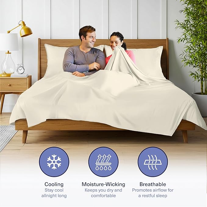Kickoff Viscose Bamboo Sheets Queen Size 4-pc 100% Organic Bamboo Viscose Bed Cooling Sheets Queen Size Set Cool Bedding for hot Sleepers Sheet, Flat, Fitted, Pillowcases (Buttercream, Q)