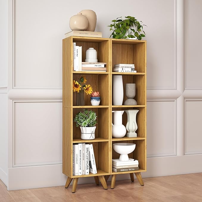 Manora Small Bookcase with 4 Open Shelves, Modern Bookshelf with Wooden Legs, Narrow Storage Organizer for Living Room, Bedroom, Office, Oak