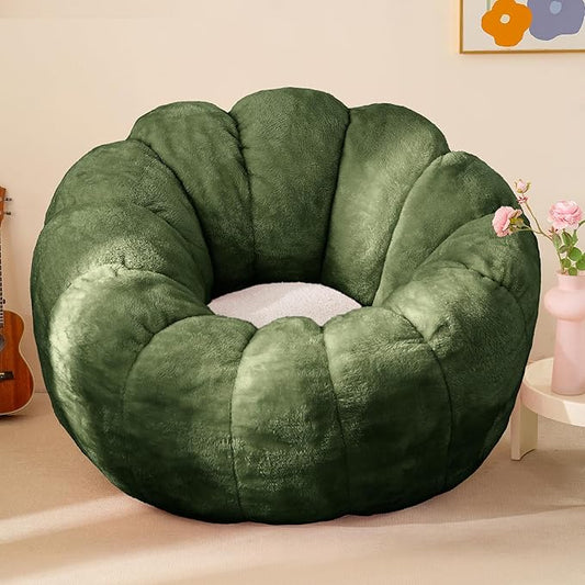 Pumpkin Bean Bag Sofa Chair for Adult, Beanbag Couch with Filler for Reading and Relaxation, Comfy and Lazy Sofa for Dorm, Apartment, Living Room and Bedroom, Dark Green