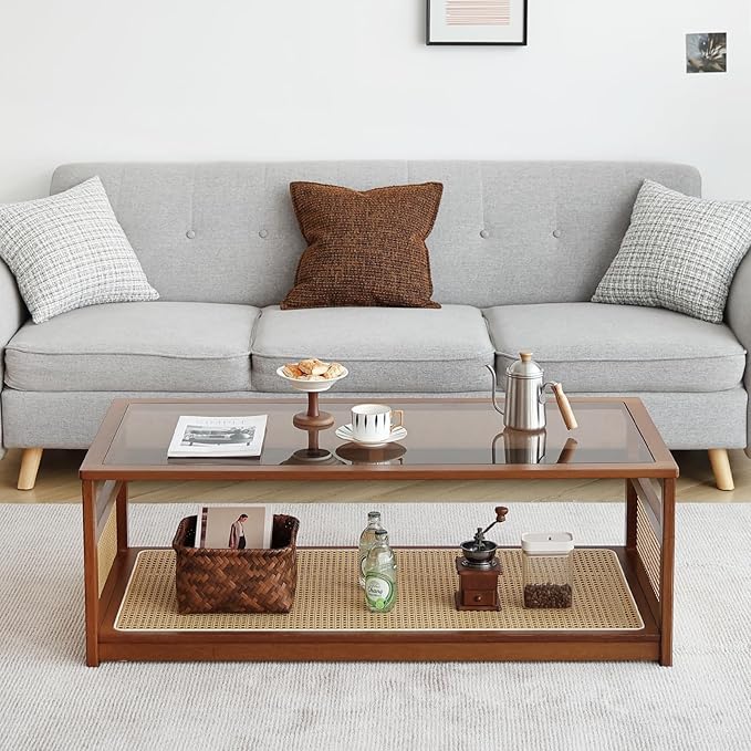 Welnow Rattan Coffee Table for Living Room, Modern 2-Tier Rectangle Center Table with Storage Shelf and Glass Top, Mid-Century Boho Furniture for Apartment, 47.5" Walnut