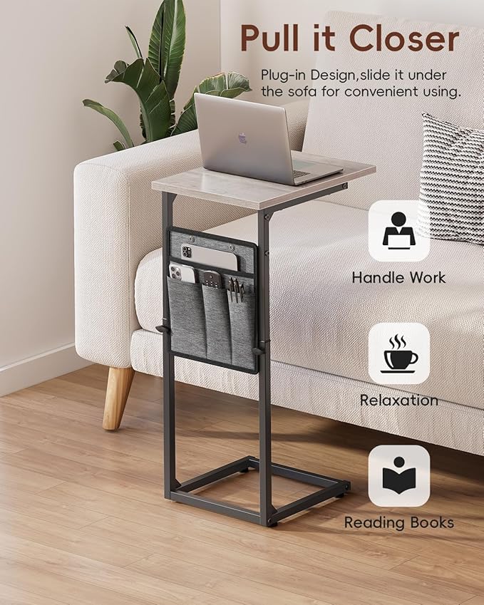 Vagusicc C Shaped End Table, 33" Tall Side Table for Couch, Adjustable Height Small Couch Side Table, Laptop Sofa Tables Slide Under Recliner Tables TV Tray Arm Tables for Living Room, Bedroom, Grey