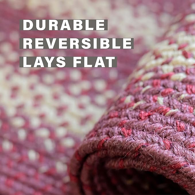 Homespice Autumn Maple Burgundy and Tan Oval Braided Rugs, Jute, 8x10' - Rustic Primitive Decor for Bedroom, Living Room, Everywhere