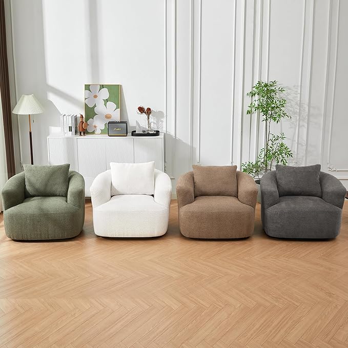 Merax Modern 360° Chenille Swivel Barrel Chair with A Throw Pillow & Armrest, Upholstered Cozy Single Round Sofa with Deep Seating for Living Room Bedroom,Office, Hotel, Easy Assemble, Beige