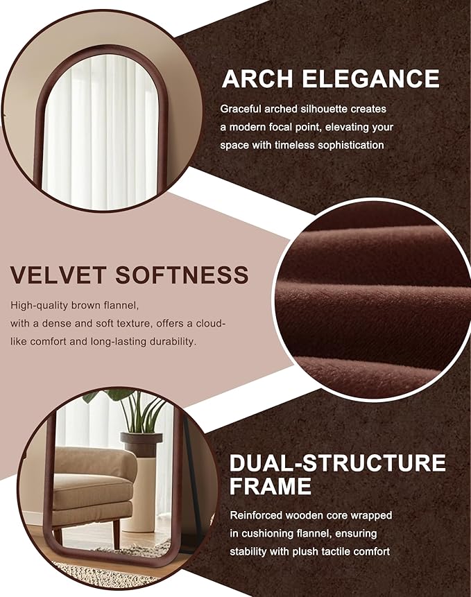 Delma Arched Full Length Mirror, Free Standing Floor Plush Flannel Frame Mirror for Leaning or Hanging, Soft Touch Bedroom & Living Room Decor, Dark Brown