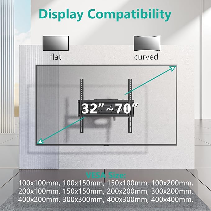 WALI Full Motion TV Wall Mount for Most 32-70 inch Flat Curved TVs, Swivel Extension Tilting Leveling TV Mount Bracket Max Mounting Holes 400x400mm, Holds up to 88 lbs & 12/16" Wood Studs