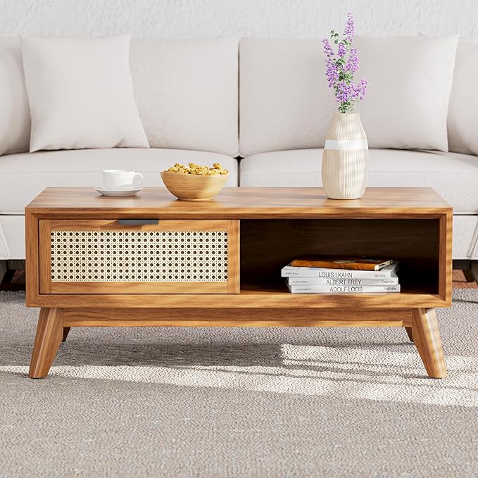 Bme Solid Wood Jasper Coffee Table with Storage, Accent Rattan Design, Good Choice for Living Room, Dark Chocolate