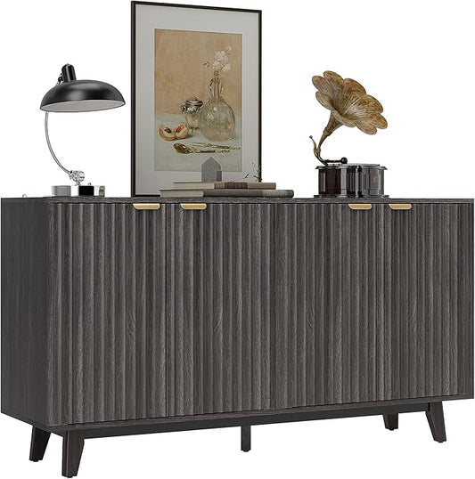 HOMCOM Fluted Sideboard Buffet Cabinet, 55" Modern Accent Console Cabinet with 4 Doors, 2 Adjustable Shelves and 5 Wood Legs, Distressed Gray