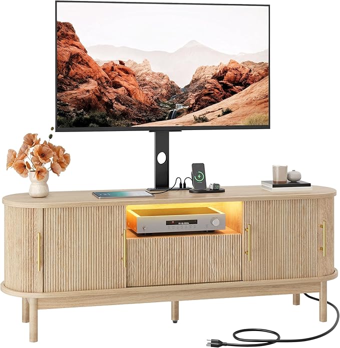 YITAHOME Fluted TV Stands for Living Room with Mount, Modern Entertainment Center for 32-70 inch TVs, LED Curved TV Stand with PowerOutlets & LED Light, Curved Profile Design, Natural Oak