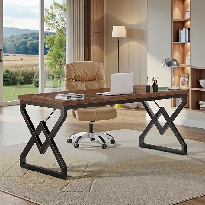 Tribesigns 63-inch Executive Desk, Large Office Computer Desk with Extra Thick Wooden Tabletop and Metal Frame, Modern Simple Workstation Writing Table Study Desk for Home Office, Vintage Brown