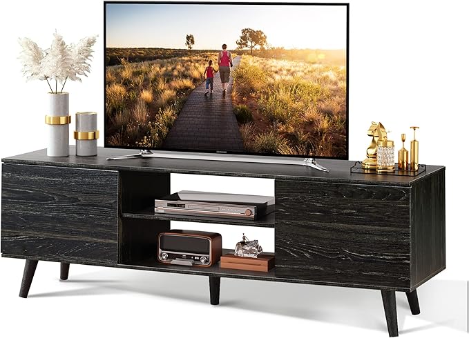 WLIVE TV Stand for 55 60 inch TV, Modern Entertainment Center with Storage Cabinets, Mid Century TV Console Table for Bedroom, TV Stand for Living Room, Charcoal Black