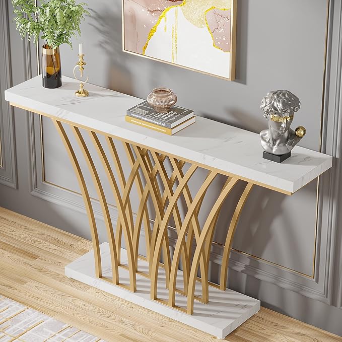 LITTLE TREE Narrow Entryway Console Table,Faux Marble White+Gold