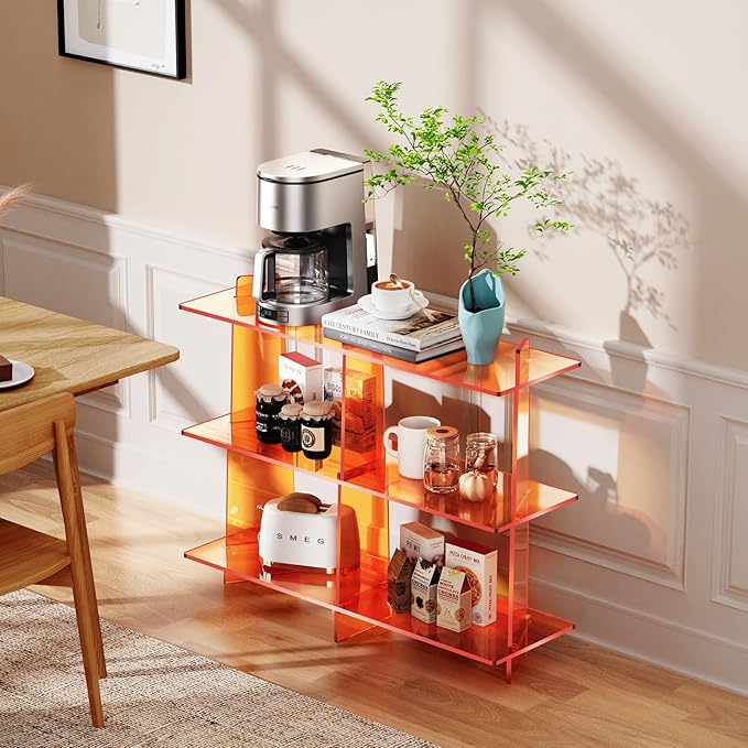 Acrylic Bookshelf, Small 3 Tier Open Bookcase for Small Spaces,Sofa Table, Hallway Entry Table for Home Living Room (Orange, 39.4'' x 11.8'' x 31.5'')