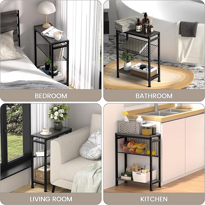 End Table for Small Space, 3-Tier Narrow Side Table with Magazine Holder,Slim Nightstand, Skinny Snack Couch Table in Living Room, Bedroom Study and Balcony (Grey)