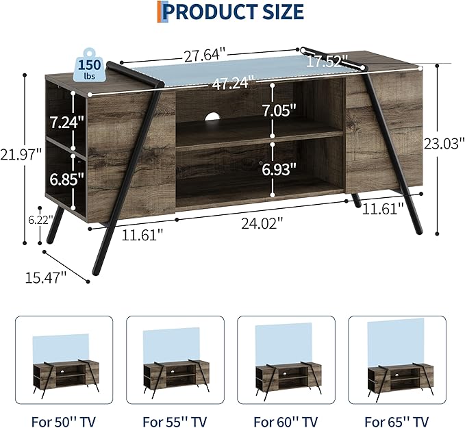 TV Stand for 60 55 50 45 Inch TV, 47" Mid Century Modern Entertainment Center with Adjustable Open Shelves & Metal Legs, Industrial Media Console Table for Living Room, Oak