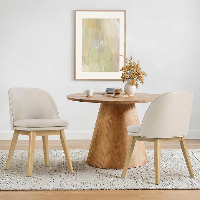 Wooden Dining Chairs Set of 4, Faux Leather Upholstered Modern Dining Room Chairs with Double-Layer Thick Seat Cushion & Ergonomic Backrest for Restaurant, Kitchen and Café, Beige, 2 Boxs