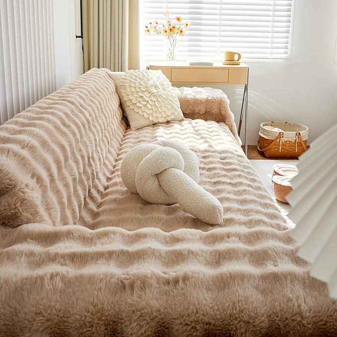 Soft Warm Faux Fur Sofa Cover Thick Shaggy Fuzzy Sectional Couch Cover Plush Furniture Cover Fluffy Furniture Cover for Couch Sofa Bed(Khaki,71" x 134")