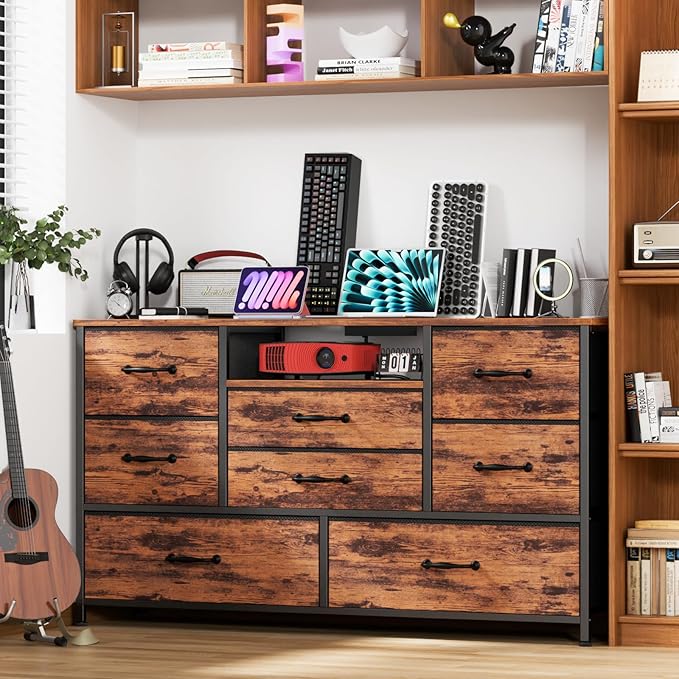 Furnulem Bedroom Dresser TV Stand with 8 Drawers, Long Chest of Drawers with Power Outlets Wood Desk Top - for Closet, Living Room Wide Storage Fabric Bins, Industrial Furniture (Rustic Brown)