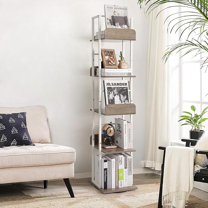 Bikoney Bookshelves 5-Tier, Rotating Bookshelf Tower for Corner, Small Narrow Bookcase, Tall Industrial Bookshelf, Wood and Metal White