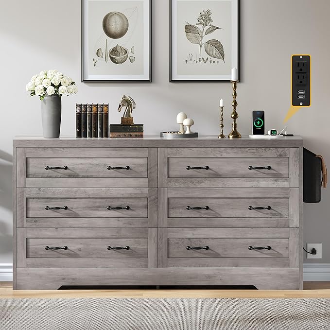 YITAHOME 6 Drawers TV Stand for 65 inches with Power Outlets -Chest of Drawers Dresser with Side Organizer Bag Entertainment Center TV Console, Grey