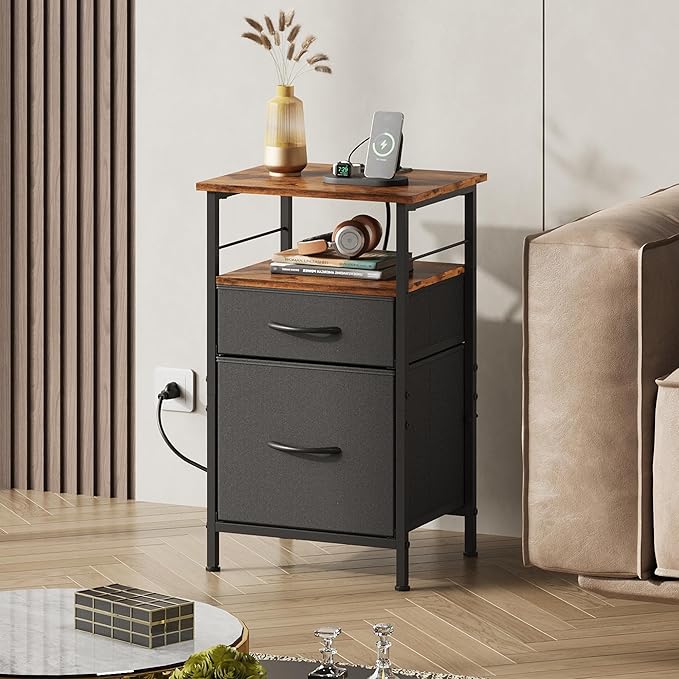 WLIVE Nightstands Set of 2, Night Stand Set 2 with Charging Station, Bedside Tables for Bedroom, Side Table with 2 Fabric Drawers, Small Dresser, USB Ports and Outlets, Black and Rustic Brown