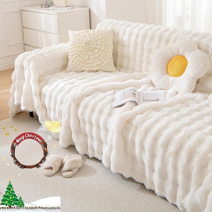 VM VOUGEMARKET Soft Warm Faux Fur Sofa Cover Thick Shaggy Fuzzy Sectional Couch Cover Plush Fluffy Blanket Cover for Couch Sofa Bed(White,71" x 134")