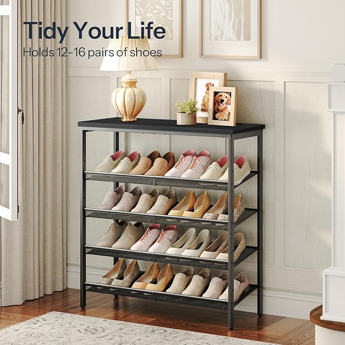 HOOBRO Shoe Rack for Entryway, 5-Tier Organizer with Adjustable Mesh Shelves, 16-20 Pairs, Spacious Floor Mount, Metal, Industrial, Closet Shoe Shelf, Black BB12XJ01