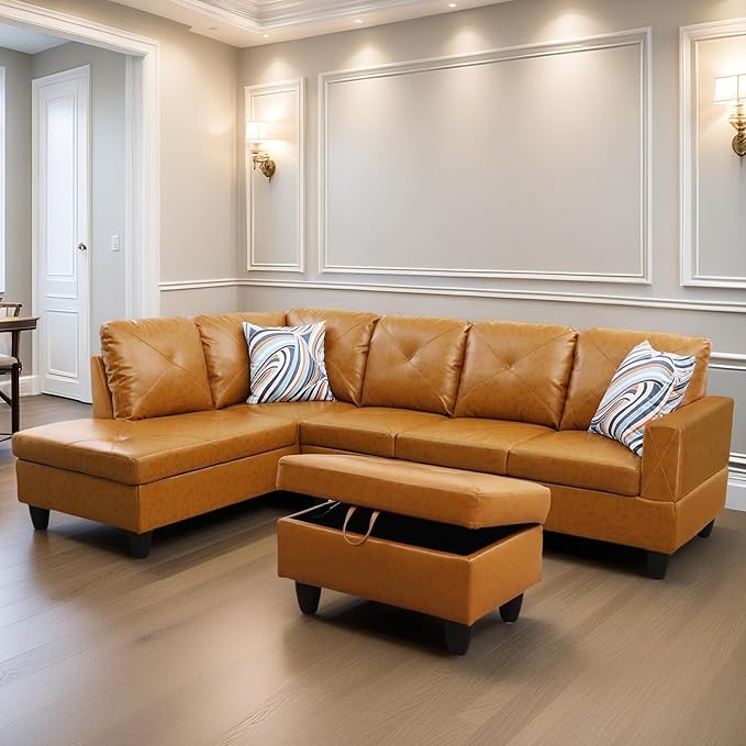 Leather Sectional Couch, Modern L Shaped Couches for Living Room, Comfy 4 Seat Modular Sectional Sofa with Ottoman Storage for Bedroom Apartment, Orange