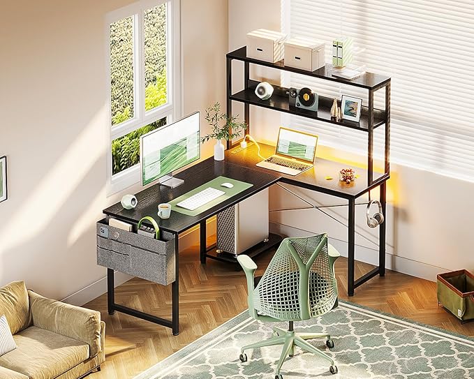 Casaottima Gaming Desk with Power Outlets & LED Lights, 43 Inch Reversible L Shaped Computer Desk with Shelves & Storage Bag, Corner Desk for Home Office, Black