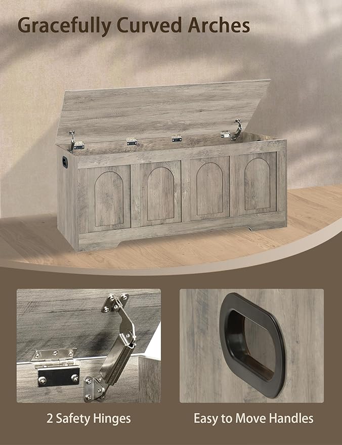 DINZI LVJ Storage Chest, 47.2”Wooden Storage Box with 2 Safety Hinges, Entryway Shoe Bench with Flip-Top, Large Trunk for Living Room, Bedroom, Easy Assembly, Gray Wash
