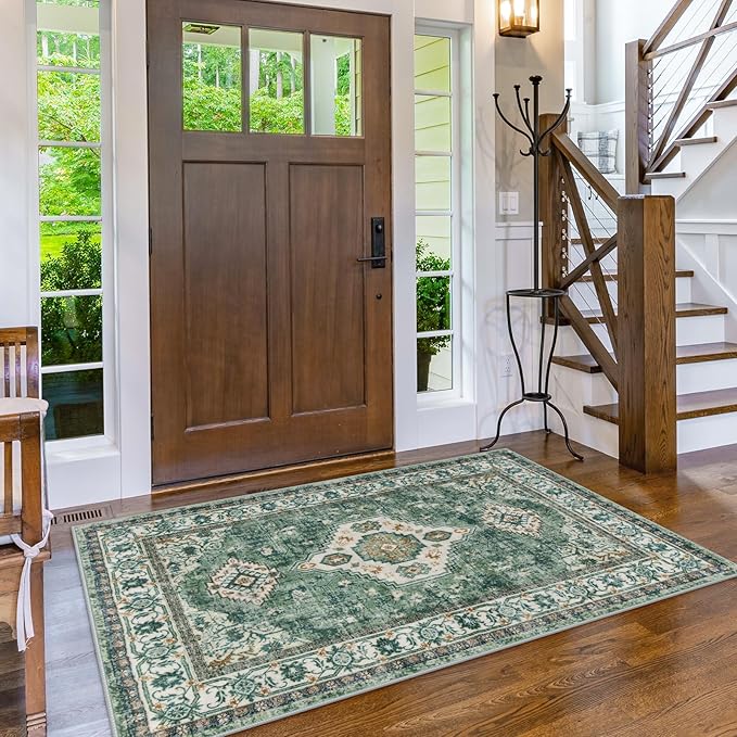 Lahome Oriental Machine Washable Rug, 3x5 Soft Green Rugs for Entryway Dorm, Non Slip Distressed Vintage Throw Carpet for Bedroom Living Room Entrance, Green/Multi