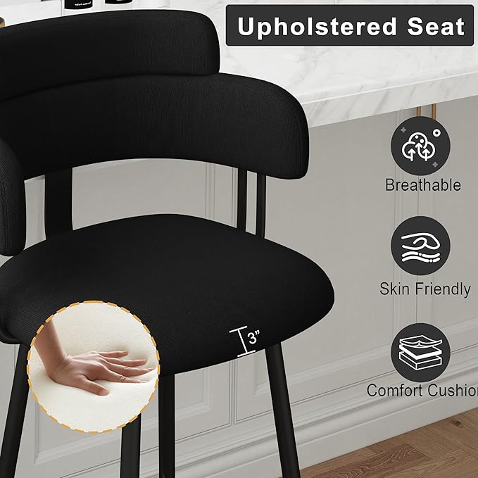 Swivel Bar Stools Set of 2, Counter Height Bar Stools with Ergonomic Full Back, Upholstered Linen Fabric Barstools with Chrome Metal Footrest for Kitchen Island, Dining Room