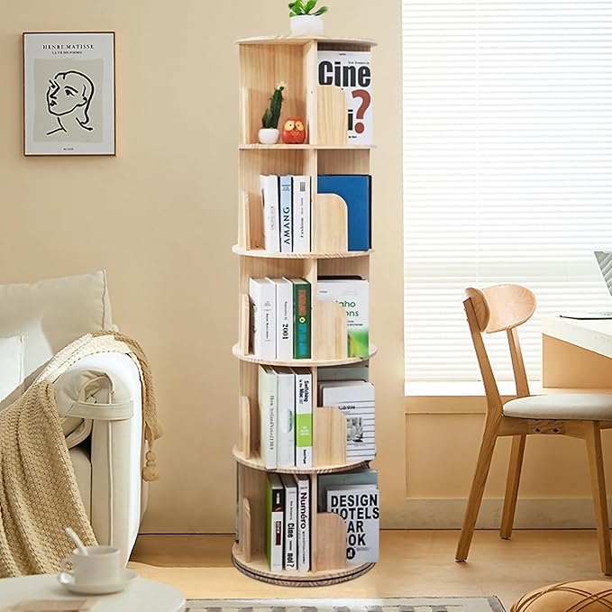 5 Tier Rotating Bookshelf Tower 360 Display Spinning Bookshelf Tower Floor Standing Bookcase Storage Rack Revolving Bookcase Wood Narrow Round Book Shelf Rotating Storage Organizer for Bedroom