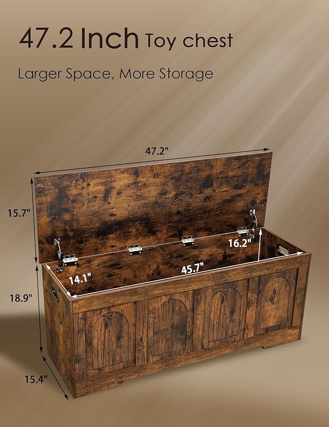 DINZI LVJ Storage Chest, 47.2”Wooden Storage Box with 2 Safety Hinges, Entryway Shoe Bench with Flip-Top, Large Trunk for Living Room, Bedroom, Easy Assembly, Rustic Brown
