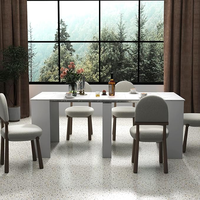 KEIKI 20-118.5"L Extendable Foldable Dining Room Table for 1-10 People, Wood Multifunctional Rectangle Expandable Console Kitchen Living Meeting Room Furniture, 6 Tabletop Length Options, Marble White
